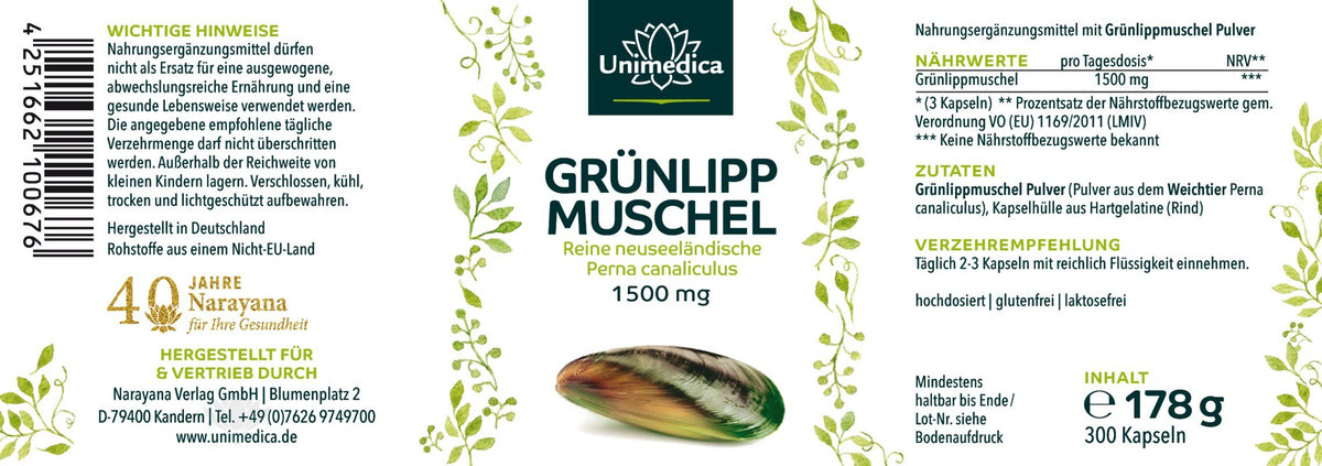 Grünlippmuschel - 1.500 mg pro Tagesdosis (3 Kapseln) - hochdosiert - 300 Kapseln - Nahrungsergänzung Unimedica Kornkammer