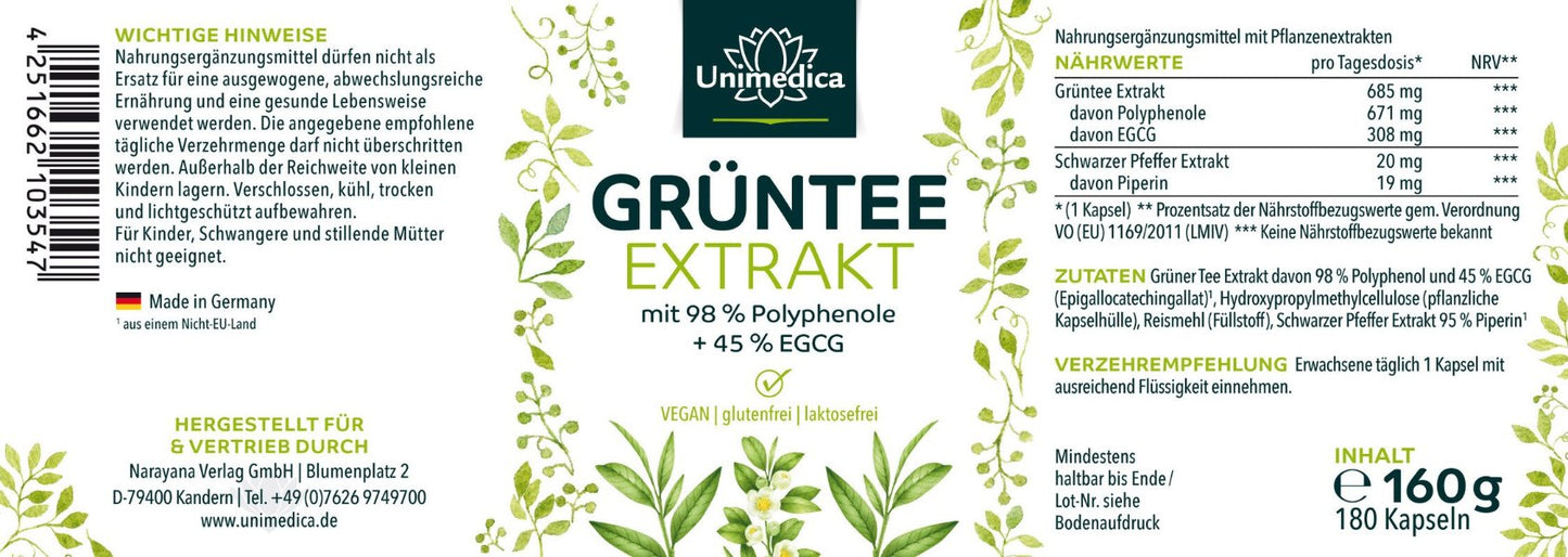 Grüntee Extrakt - 98 % Polyphenole + 45 % Epigallocatechingallat (EGCG)
