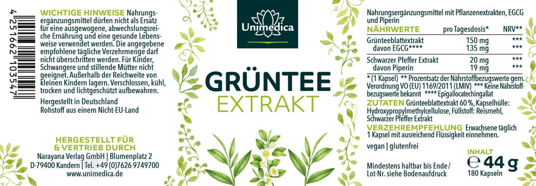 Grüntee Extrakt Sonderpreis MHD 7/26 - hochdosiert 180 Kapseln - NahrungsergänzungUnimedica Kornkammer Natur