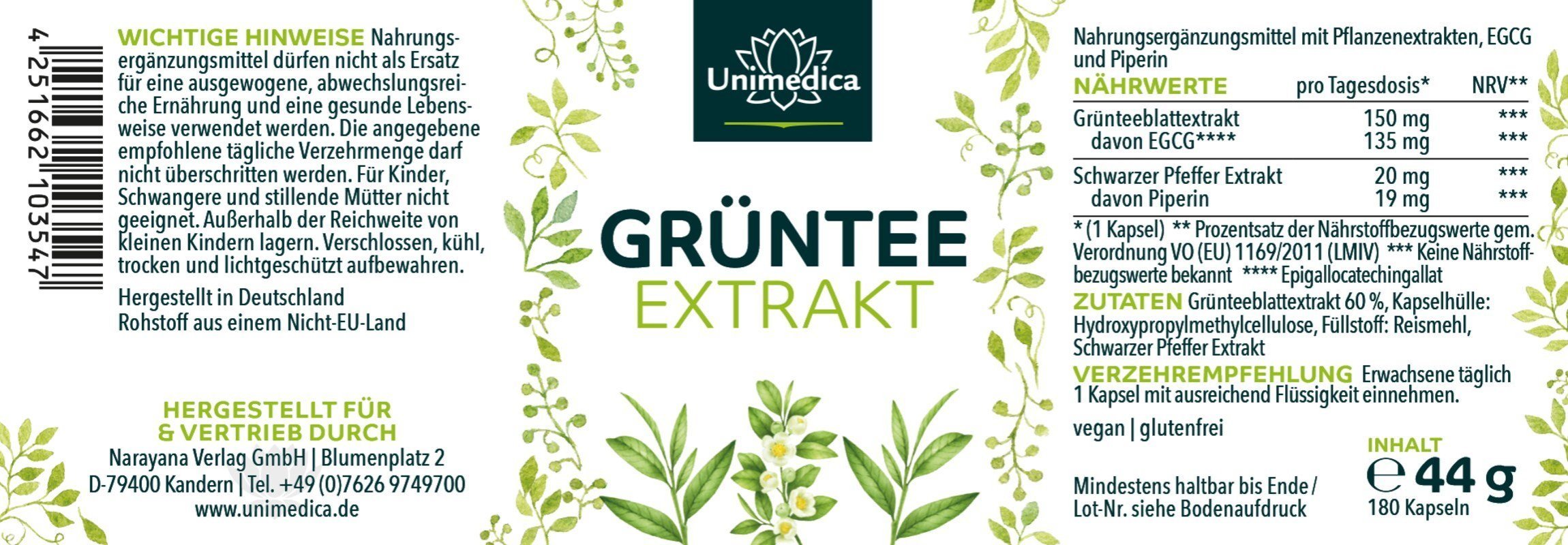 Grüntee Extrakt Sonderpreis MHD 7/26 - hochdosiert 180 Kapseln - NahrungsergänzungUnimedica Kornkammer Natur