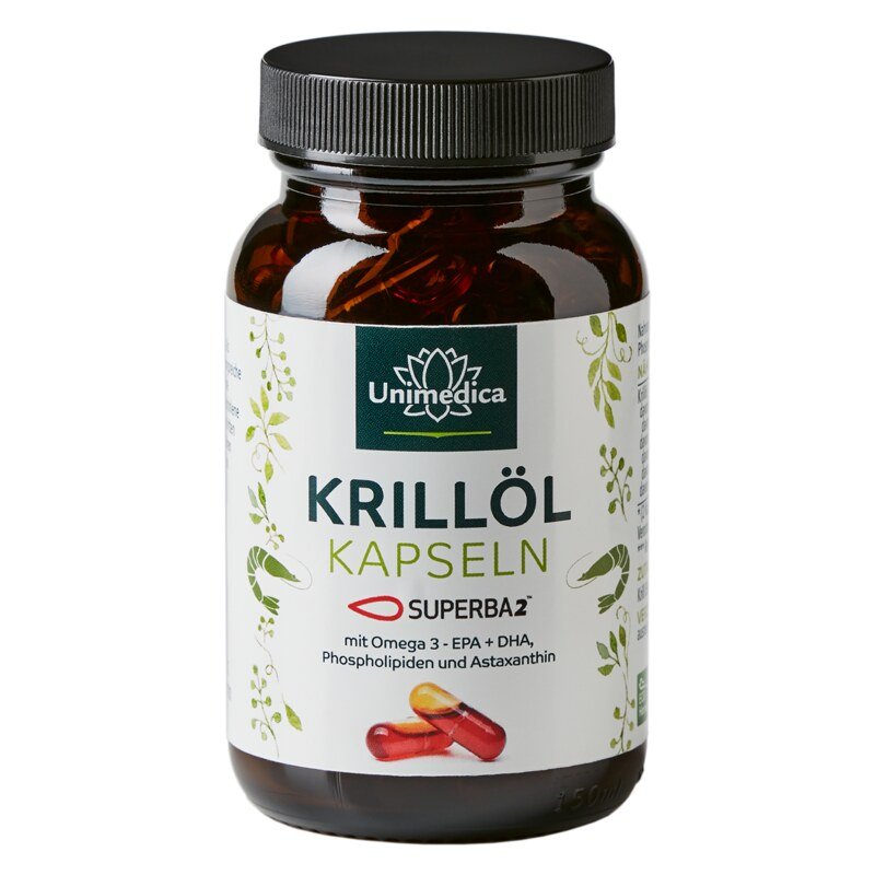Das "Krillöl Kapseln" von Unimedica enthält Superba²-Krillöl mit Omega-3-Fettsäuren (EPA + DHA), Phospholipiden und Astaxanthin.
