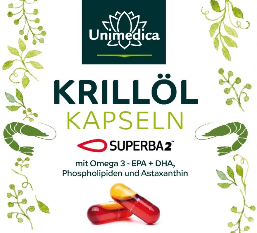 Das "Krillöl Kapseln" von Unimedica enthält Superba²-Krillöl mit Omega-3-Fettsäuren (EPA + DHA), Phospholipiden und Astaxanthin.