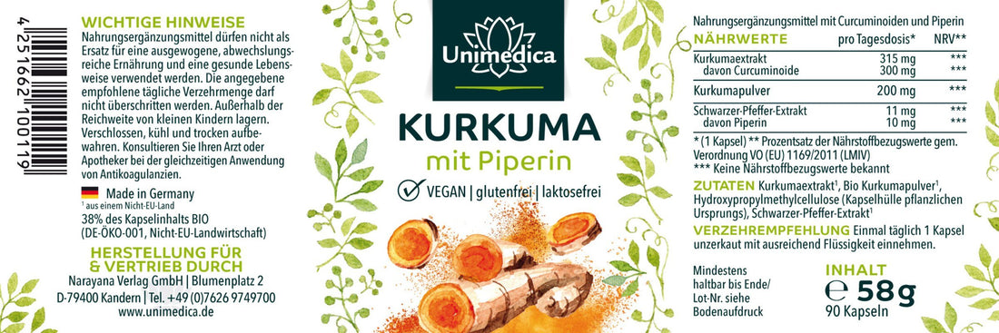 Kurkuma mit Piperin - 300 mg Curcuminoide und 10 mg Piperin pro Tagesdosis - NahrungsergänzungUnimedica Kornkammer Natur