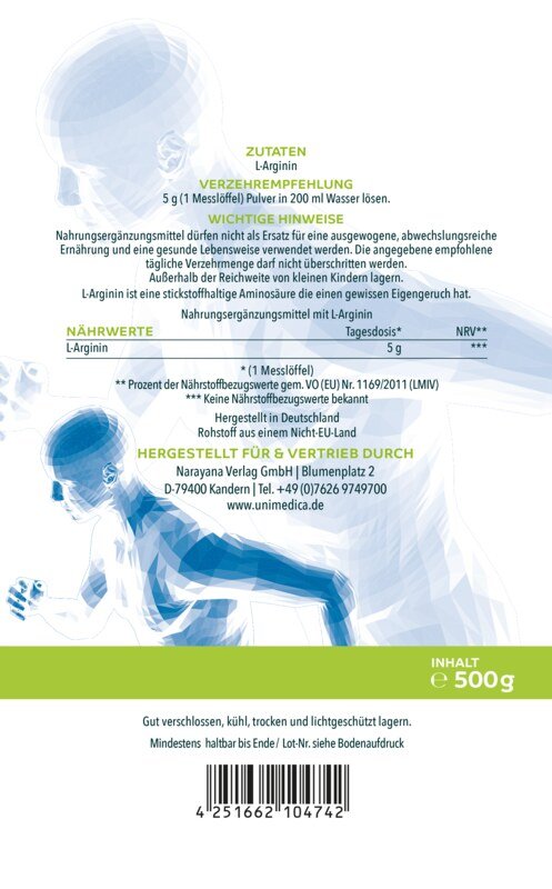 L-Arginin Base Pure Pulver - 5 g pro Tagesdosis - hochdosiert - aus pflanzlicher Fermentation - 500 g Etikett