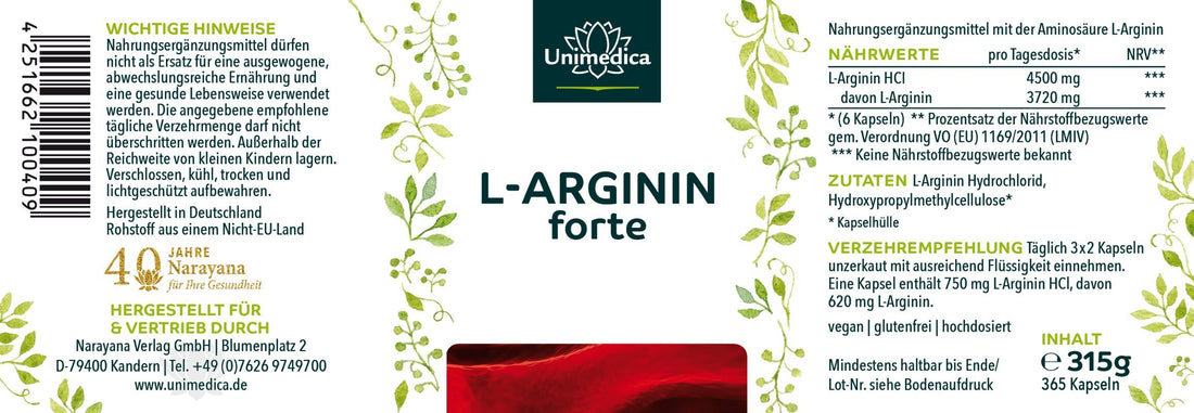 L - Arginin forte - 3720 mg pro Tagesdosis (6 Kapseln) - aus natürlicher Fermentation - vegan - 365 Kapseln - NahrungsergänzungUnimedica Kornkammer Natur
