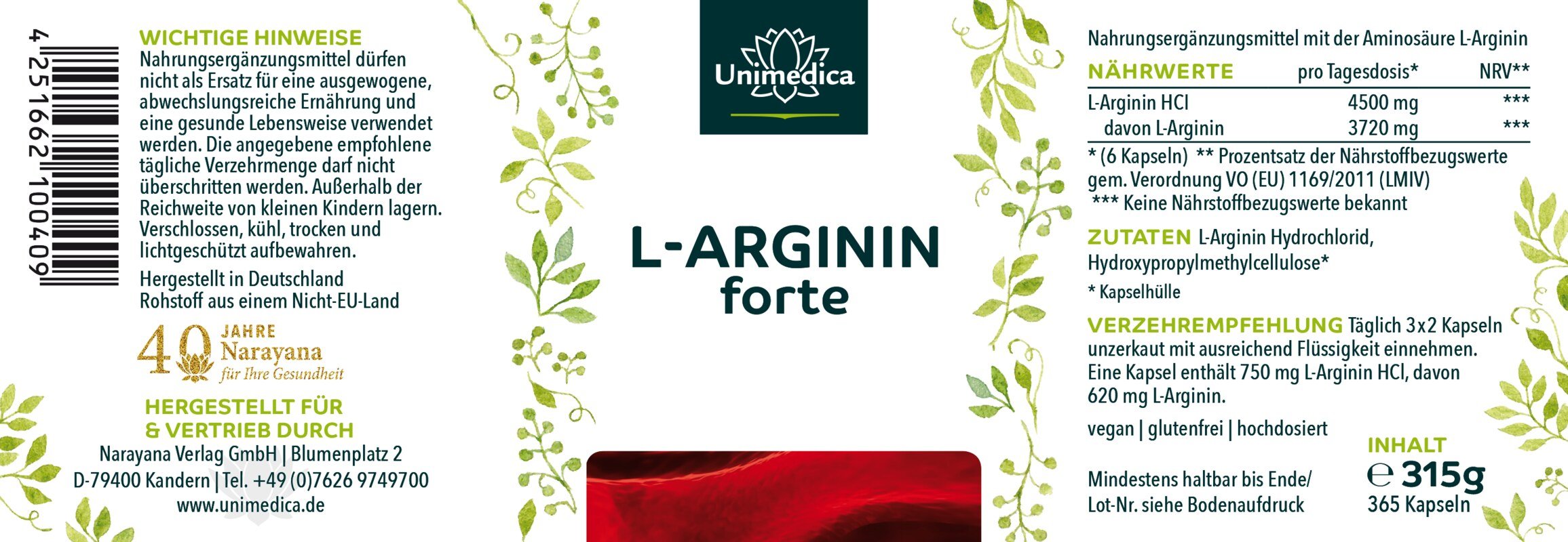 L - Arginin forte - 3720 mg pro Tagesdosis (6 Kapseln) - aus natürlicher Fermentation - vegan - 365 Kapseln - NahrungsergänzungUnimedica Kornkammer Natur