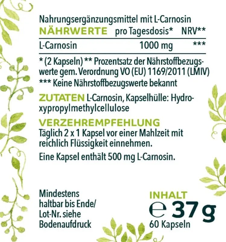 L - Carnosin - 1000 mg pro Tagesdosis (2 Kapseln) - hochdosiert - 60 Kapseln - Nahrungsergänzung Unimedica Kornkammer Natur