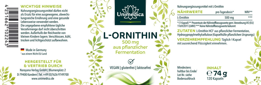 L - Ornithin - 500 mg pro Tagesdosis - 120 Kapseln - NahrungsergänzungUnimedica Kornkammer Natur