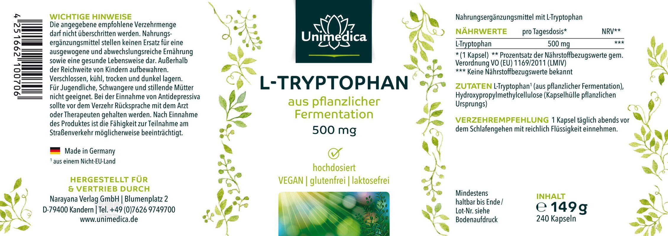 L - Tryptophan Sonderpreis MHD 7/26 - 240 Kapseln a 500mg - NahrungsergänzungUnimedica Kornkammer Natur