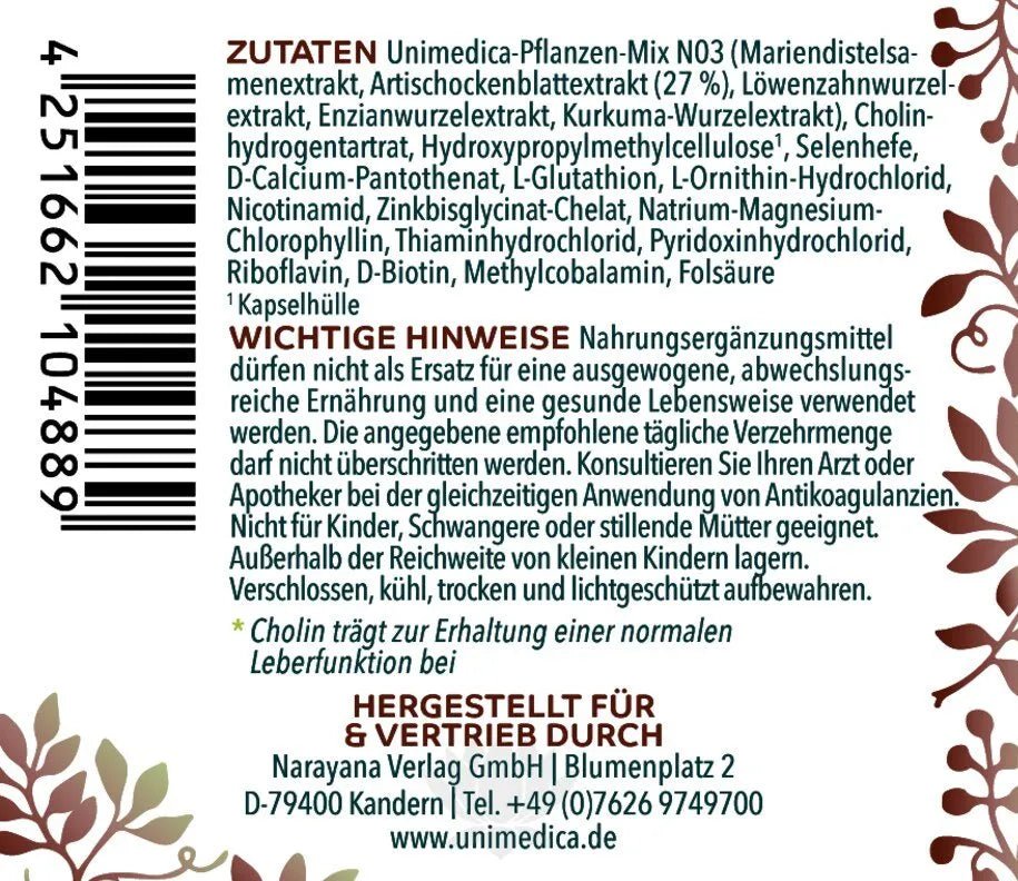 Leber Komplex mit Vitaminen - 120 Kapseln - NahrungsergänzungUnimedica Kornkammer Natur