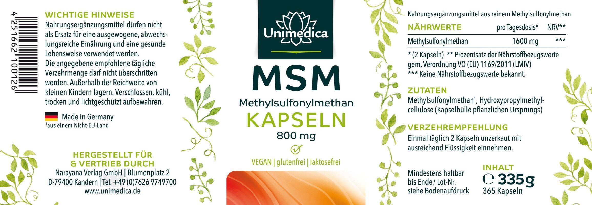 MSM Kapseln - hochdosiert von Unimedica - NahrungsergänzungUnimedica Kornkammer Natur