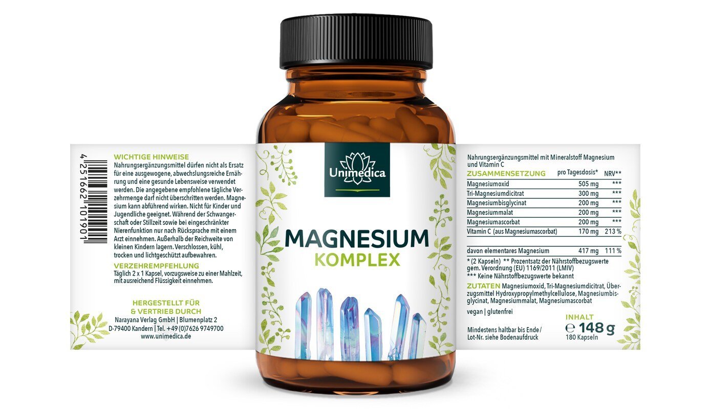 Magnesium Komplex - 417 mg elementares Magnesium pro Tagesdosis - 180 Kapseln - Nahrungsergänzung Unimedica Etikett
