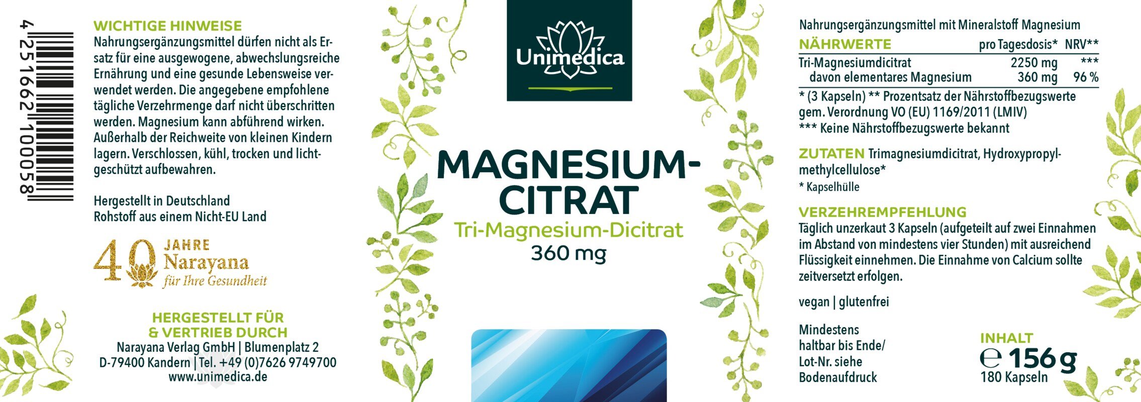 Magnesiumcitrat - Tri - Magnesium - Dicitrat - 360 mg elementares Magnesium pro Tagesdosis (3 Kapseln) - 180 Kapseln - NahrungsergänzungUnimedica Kornkammer Natur
