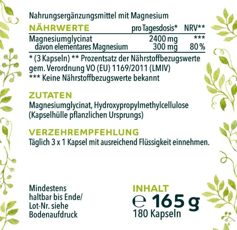 Magnesiumglycinat - 300 mg elementares Magnesium pro Tagesdosis (3 Kapseln) - 180 Kapseln - NahrungsergänzungUnimedica Kornkammer Natur