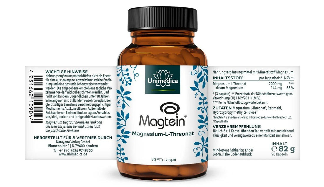 Magnesium L - Threonat - Magtein® - 144 mg Magnesium pro Tagesdosis - 90 Kapseln - Etikett Unimedica Kornkammer Natur