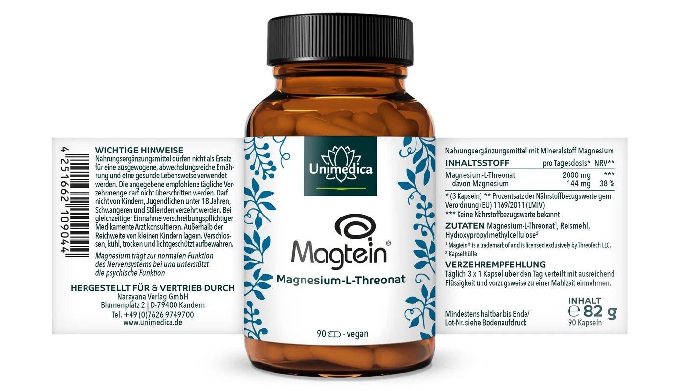 Magnesium L - Threonat - Magtein® - 144 mg Magnesium pro Tagesdosis - 90 Kapseln - Etikett Unimedica Kornkammer Natur