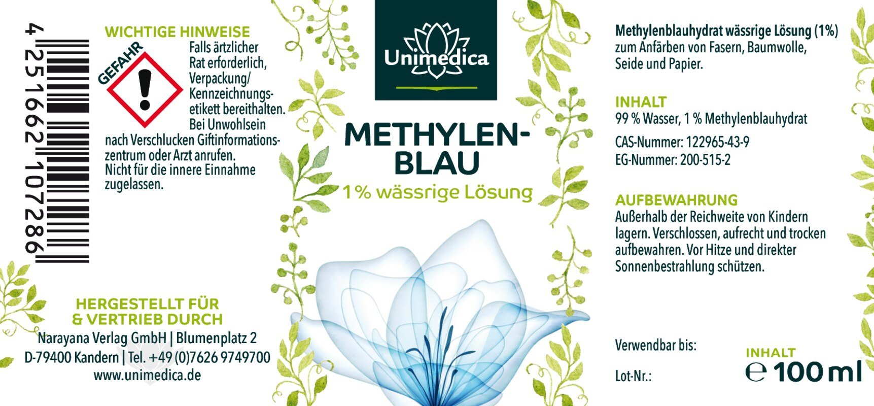 Methylenblau - 1 % wässrige Lösung - 99,8 % rein - frei von Schwermetallen - 100 ml - HaushaltUnimedica Kornkammer Natur