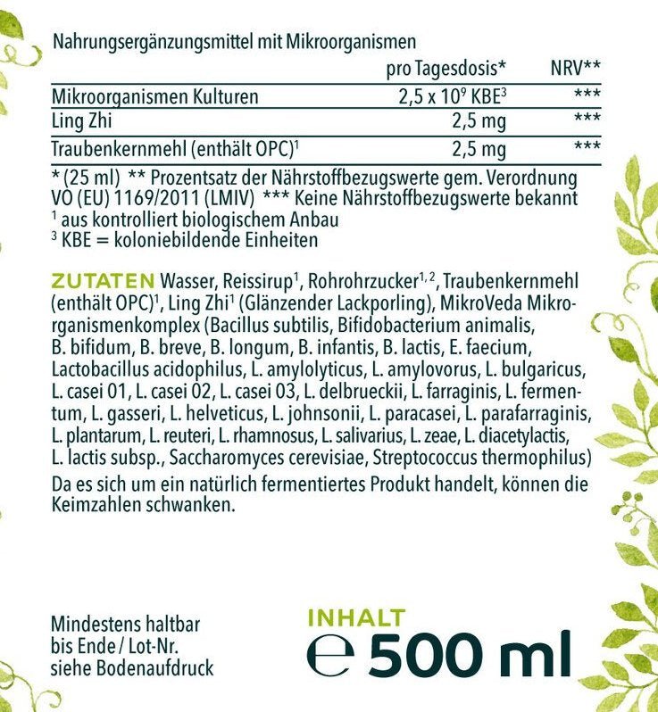 MikroVeda (R) Life Pure - Biotisches Enzym-Ferment 33 Bakterienstämme lebendiger Mikroorganismen - 500 ml - Nahrungsergänzung