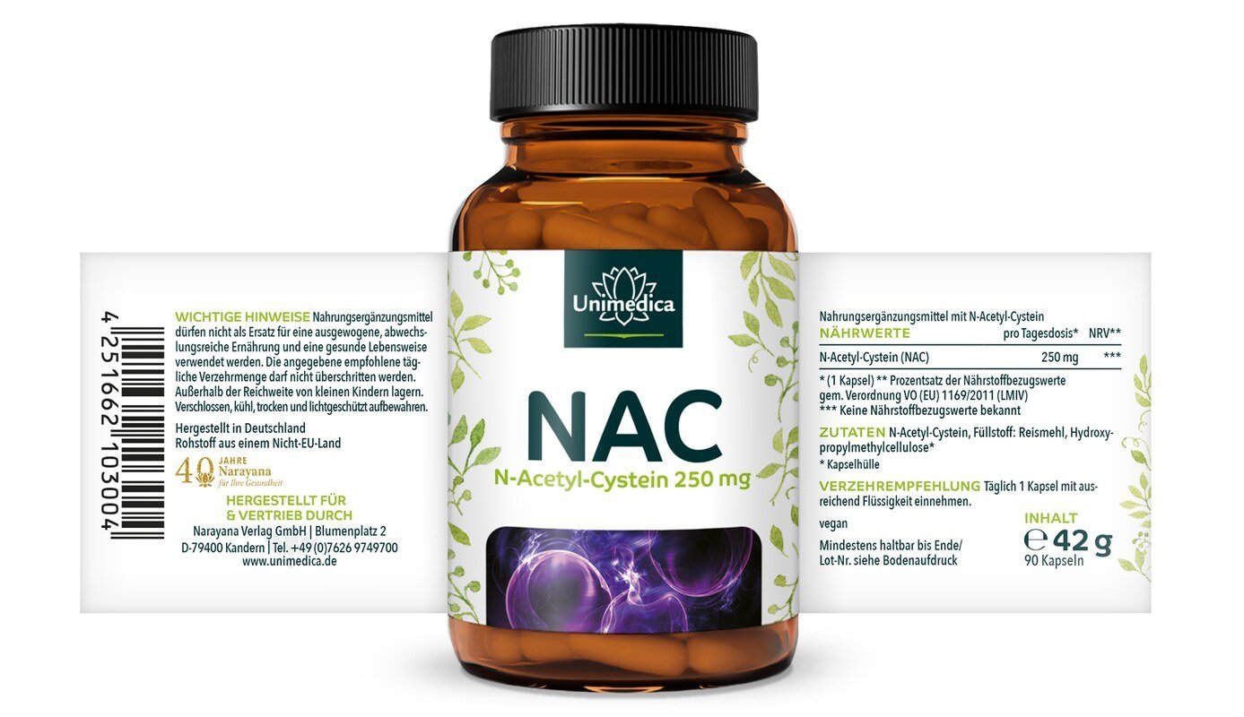 NAC - 250 mg pro Tagesdosis - N - Acetyl - Cystein aus natürlicher Fermentation - 90 Kapseln - NahrungsergänzungUnimedica Kornkammer Natur