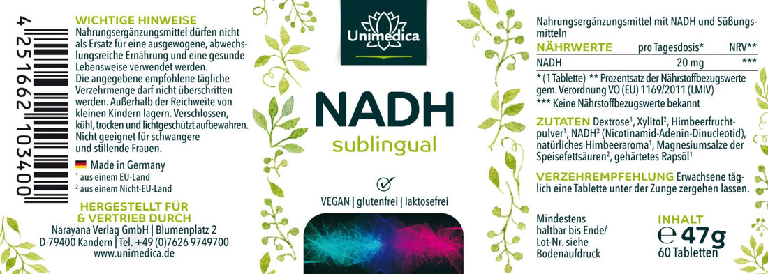 NADH sublingual - 20 mg pro Tagesdosis - 60 Tabletten - NahrungsergänzungUnimedica Kornkammer Natur