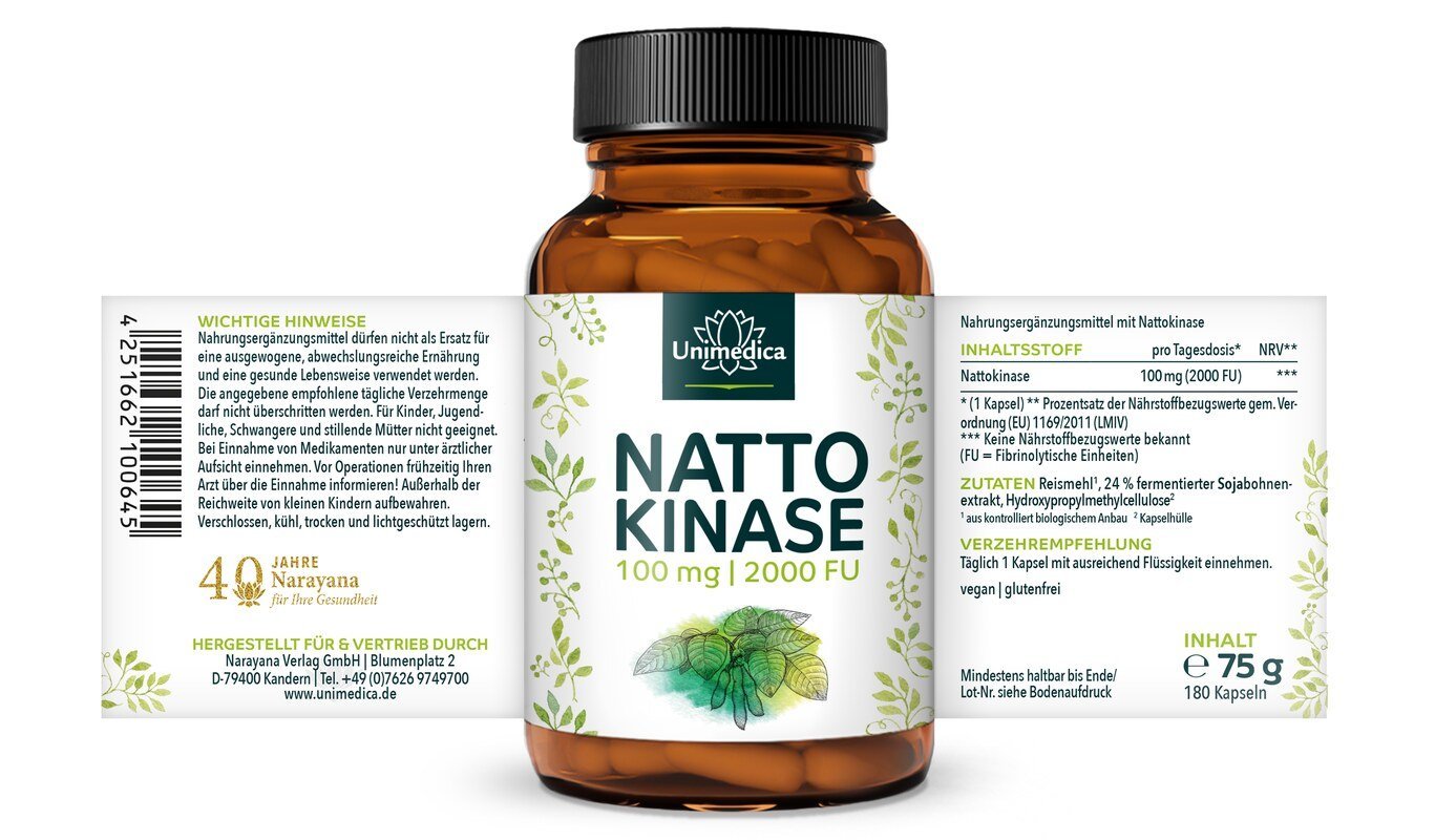 Nattokinase - 100 mg / 2000 FU pro Tagesdosis - Nahrungsergänzung Unimedica Kornkammer Natur