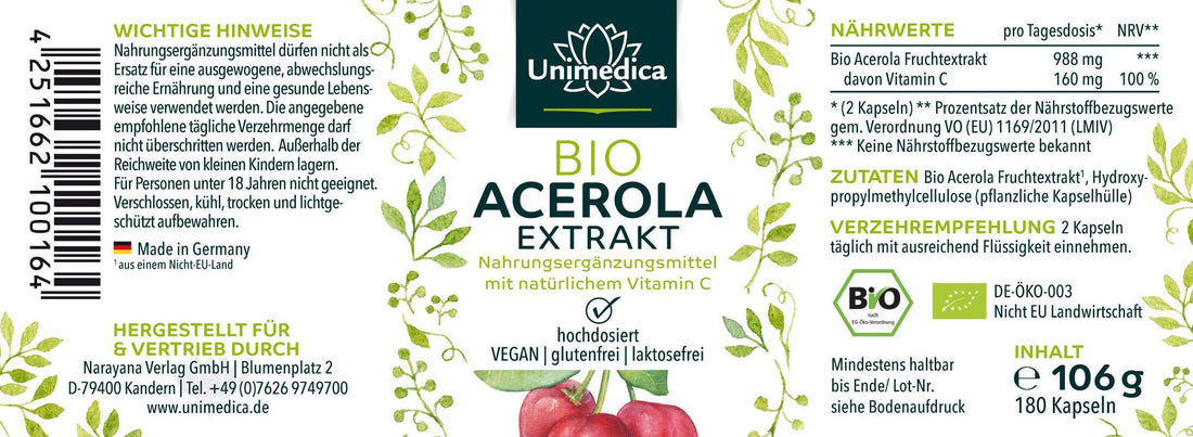 Bio Acerola Extrakt - 180 Kapseln - NahrungsergänzungUnimedica Kornkammer Natur