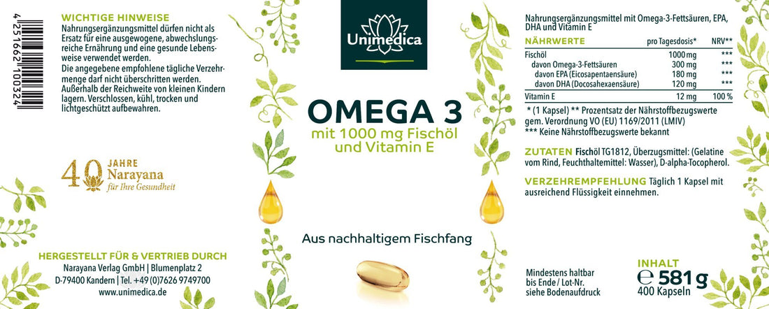 Omega 3 Fischöl mit 1000 mg pro Tagesdosis - 400 Kapseln Etikett