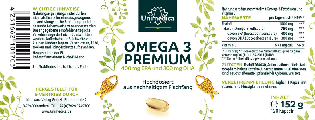 Omega 3 Fischöl mit 1000 mg pro Tagesdosis - 400 Kapseln Etikett