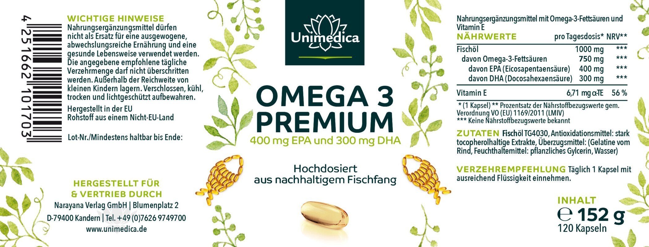 Omega 3 Fischöl Sonderpreis MHD 8/26 mit 1000 mg pro Tagesdosis - 400 Kapseln - Nahrungsergänzung Unimedica Kornkammer Natur