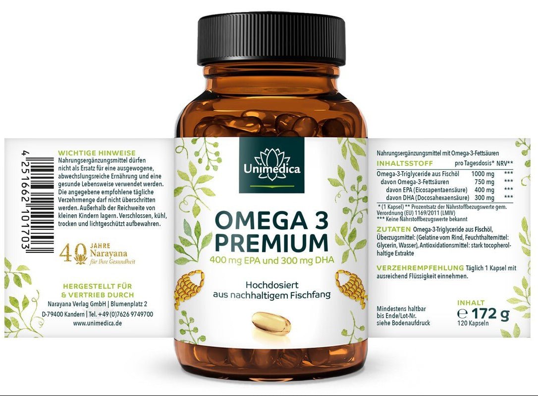 Omega 3 Premium Fischöl - 400mg EPA 300mg DHA hochdosiert - 120 Kapseln - Nahrungsergänzung - Unimedica Kornkammer Natur - Etikett