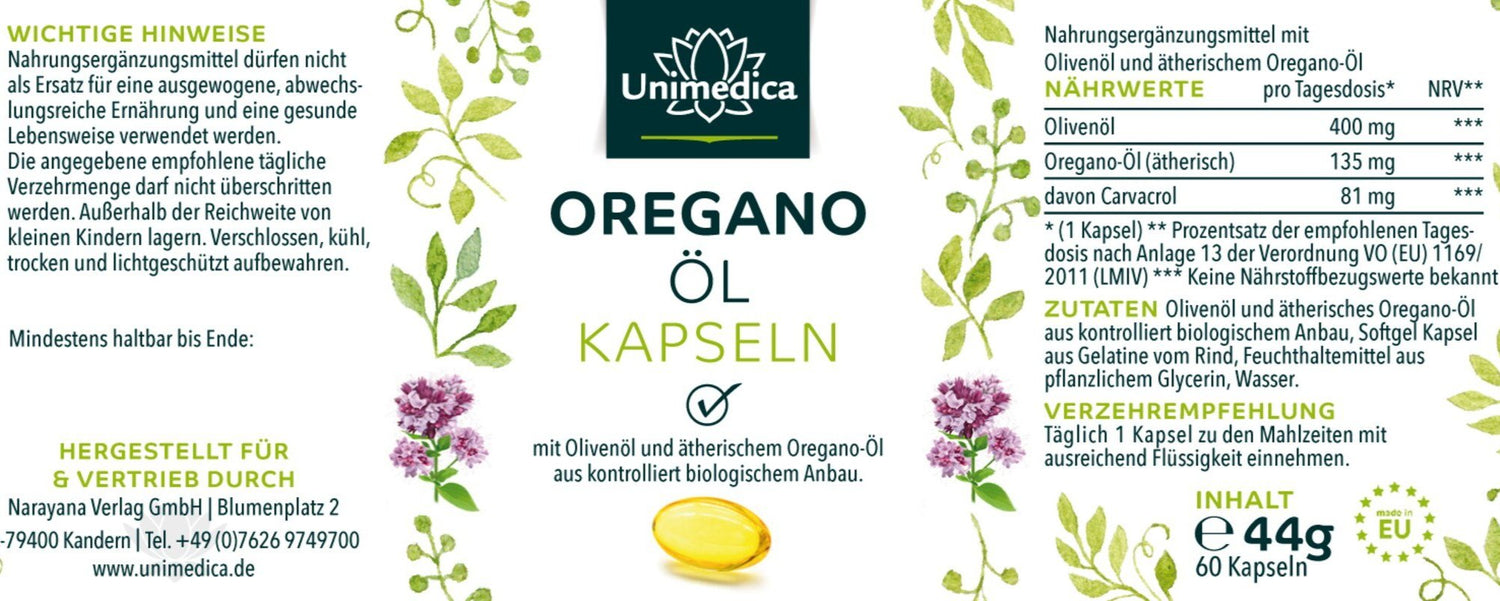 Nahrungsergänzungsmittel mit ätherischem Bio Oregano-Öl und Olivenöl aus kontrolliert biologischem Anbau. Immunsystem Kornkammer Natur Unimedica