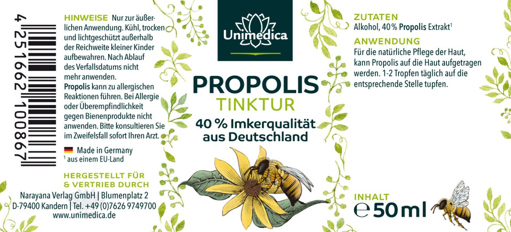 Propolis - 40 % Tinktur - aus Deutschland - Imkerqualität - 50 ml - NahrungsergänzungUnimedica Kornkammer Natur