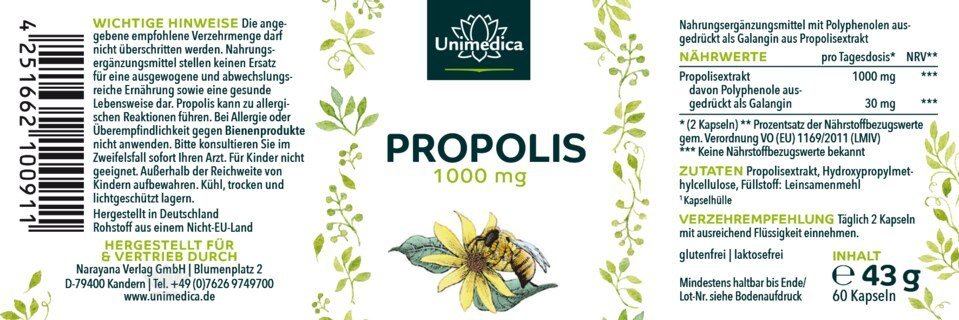 Propolis Kapseln - 1.000 mg Propolisextrakt pro Tagesdosis (2 Kapseln) - Nahrungsergänzung Unimedica Kornkammer Natur