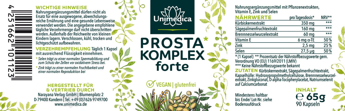 Prosta* Komplex forte - mit Kürbiskernextrakt und Sägepalmenextrakt - 90 Kapseln - Nahrungsergänzung Unimedica Kornkammer
