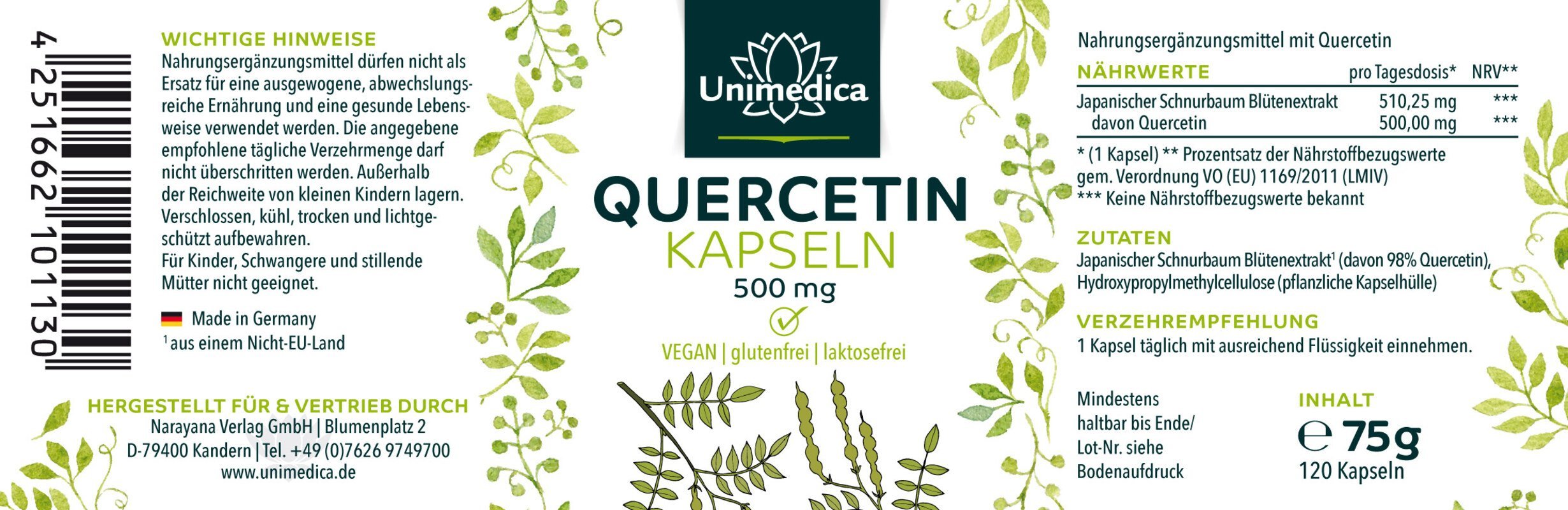 Quercetin - 500 mg pro Tagesdosis - NahrungsergänzungUnimedica Kornkammer Natur