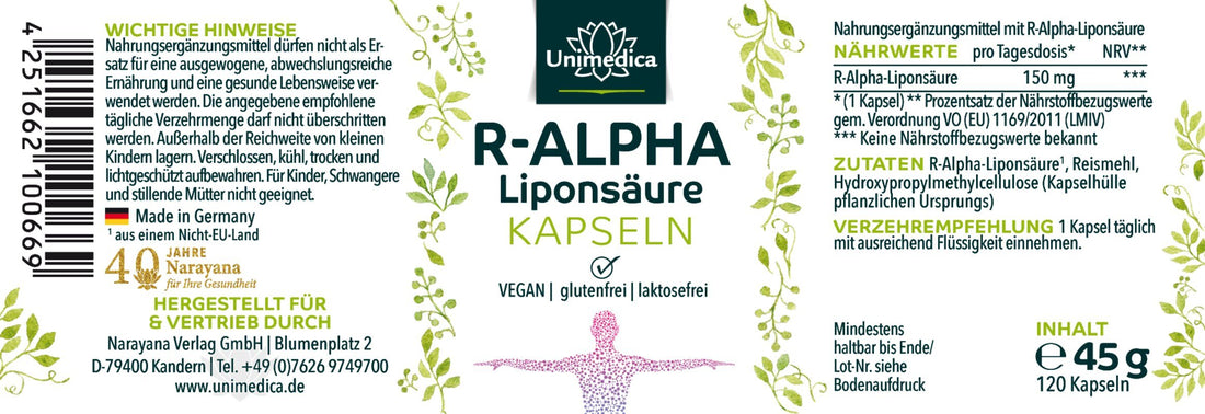 R - Alpha - Liponsäure - 150 mg pro Kapsel - natürlich - vegan - NahrungsergänzungUnimedica Kornkammer Natur