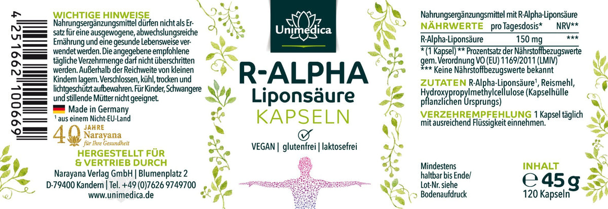 R - Alpha - Liponsäure - 150 mg pro Kapsel - natürlich - vegan - NahrungsergänzungUnimedica Kornkammer Natur