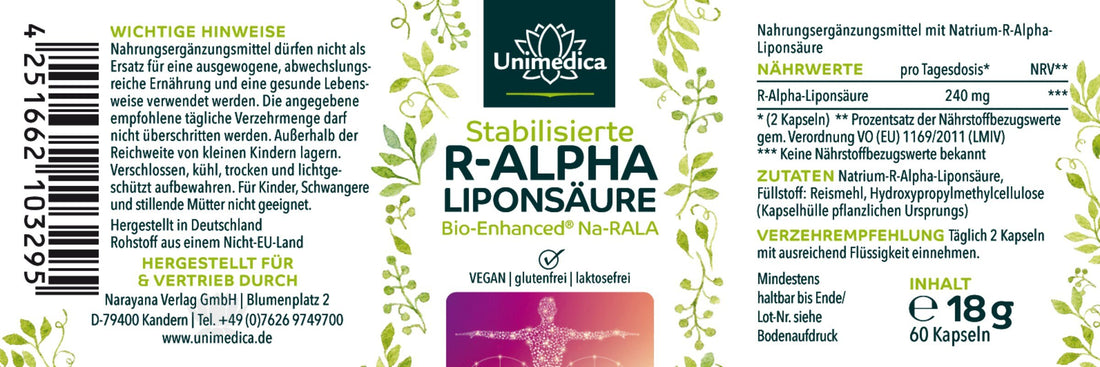 R - Alpha - Liponsäure Sodium - Bio Enhanced® - 240 mg pro Tagesdosis - 60 Kapseln - NahrungsergänzungUnimedica Kornkammer Natur