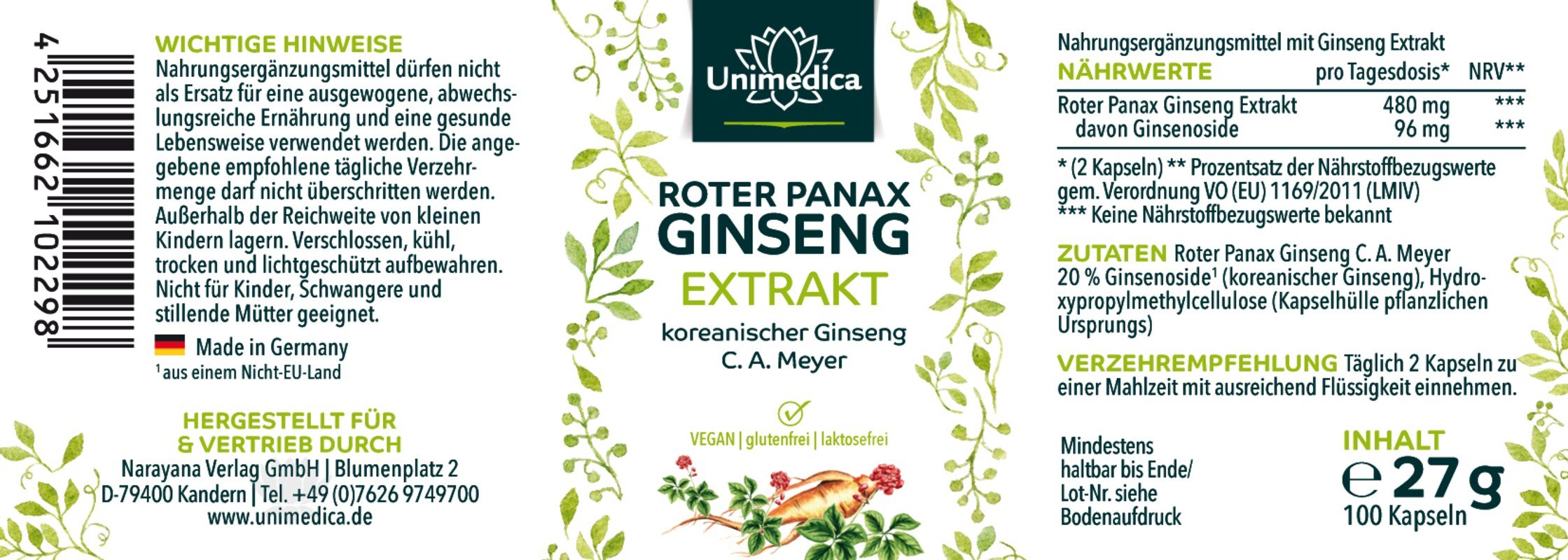 Roter Panax Ginseng Extrakt - koreanischer Ginseng C.A. Meyer - 480 mg pro Tagesdosis - 20 % Ginsenoside - 100 Kapseln - NahrungsergänzungUnimedica Kornkammer Natur
