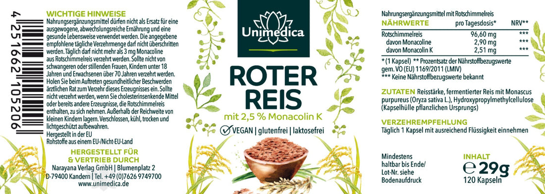 Roter Reis - Rotschimmelreis aus natürlicher Fermentation mit 2,51mg Monacolin K - 120 Kapseln - Nahrungsergänzung Unimedica