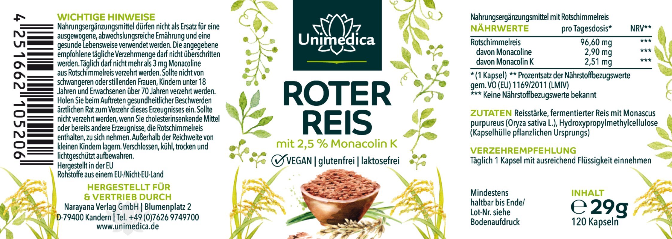 Roter Reis - Rotschimmelreis aus natürlicher Fermentation mit 2,51mg Monacolin K - 120 Kapseln - Nahrungsergänzung Unimedica