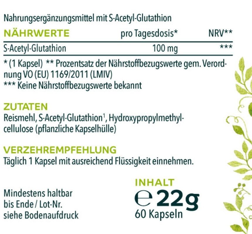 S - Acetyl - Glutathion - stabile Glutathionform - 100 mg pro Tagesdosis - hochdosiert - 60 Kapseln - NahrungsergänzungUnimedica Kornkammer Natur