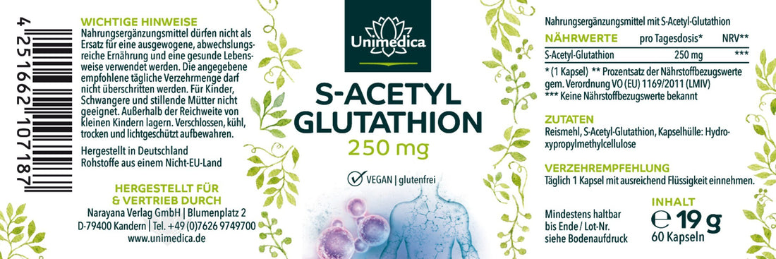 S - Acetyl - Glutathion - stabile Glutathionform - 250 mg pro Tagesdosis - hochdosiert - NahrungsergänzungUnimedica Kornkammer Natur