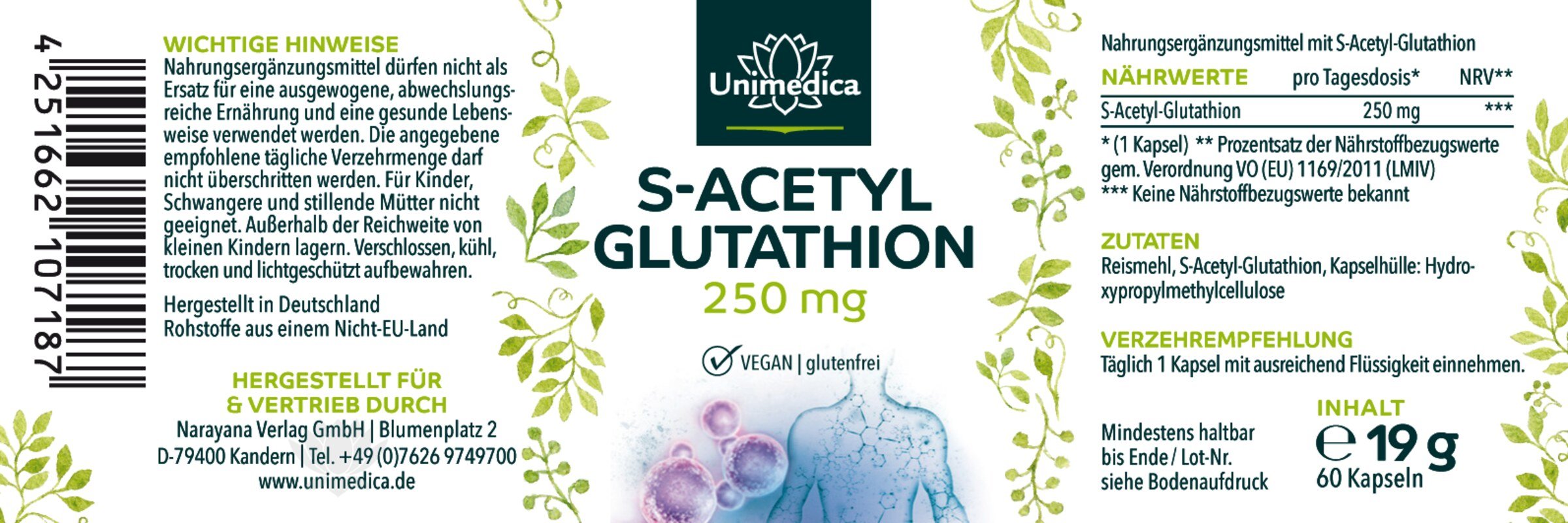 S - Acetyl - Glutathion - stabile Glutathionform - 250 mg pro Tagesdosis - hochdosiert - NahrungsergänzungUnimedica Kornkammer Natur
