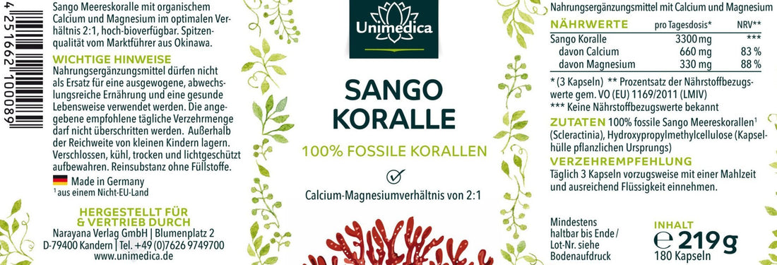 Sango Koralle - 100 % fossile Korallen aus Okinawa/Japan - (Calcium und Magnesium) - 180 Kapseln - NahrungsergänzungUnimedica Kornkammer Natur