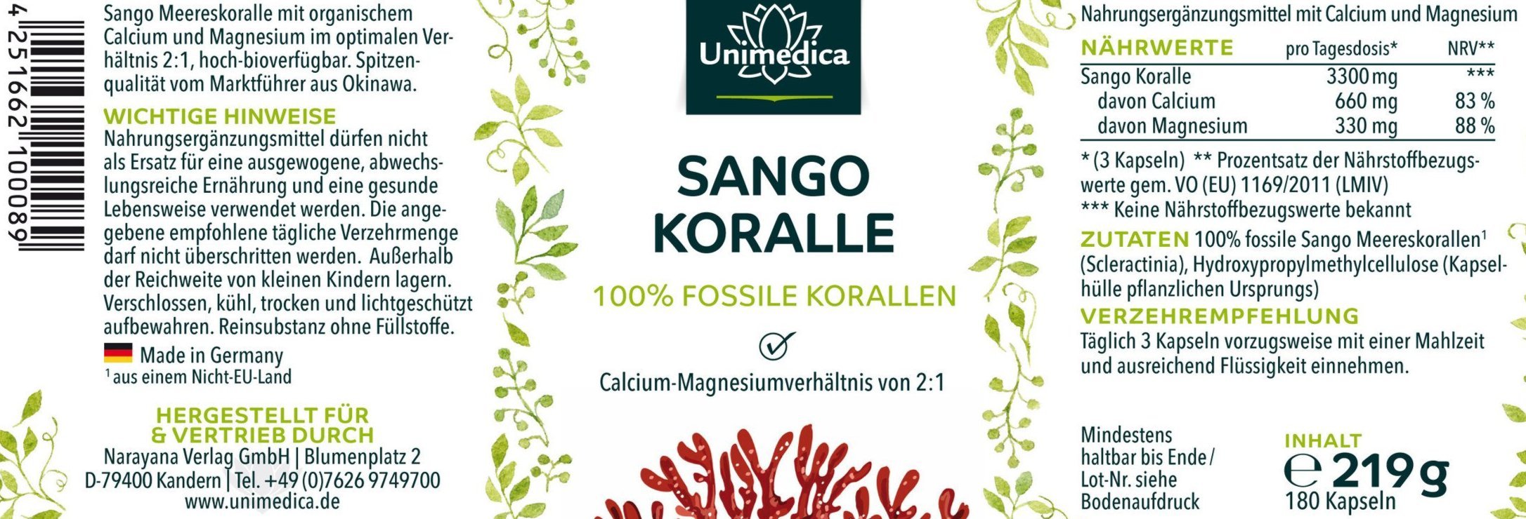 Sango Koralle - 100 % fossile Korallen aus Okinawa/Japan - (Calcium und Magnesium) - 180 Kapseln - NahrungsergänzungUnimedica Kornkammer Natur