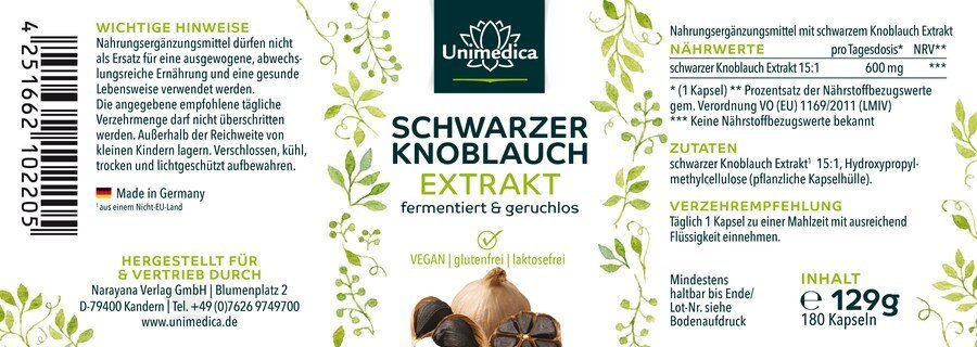 Schwarzer Knoblauch - 180 Kapseln - fermentiert und geruchlos - NahrungsergänzungUnimedica Kornkammer Natur