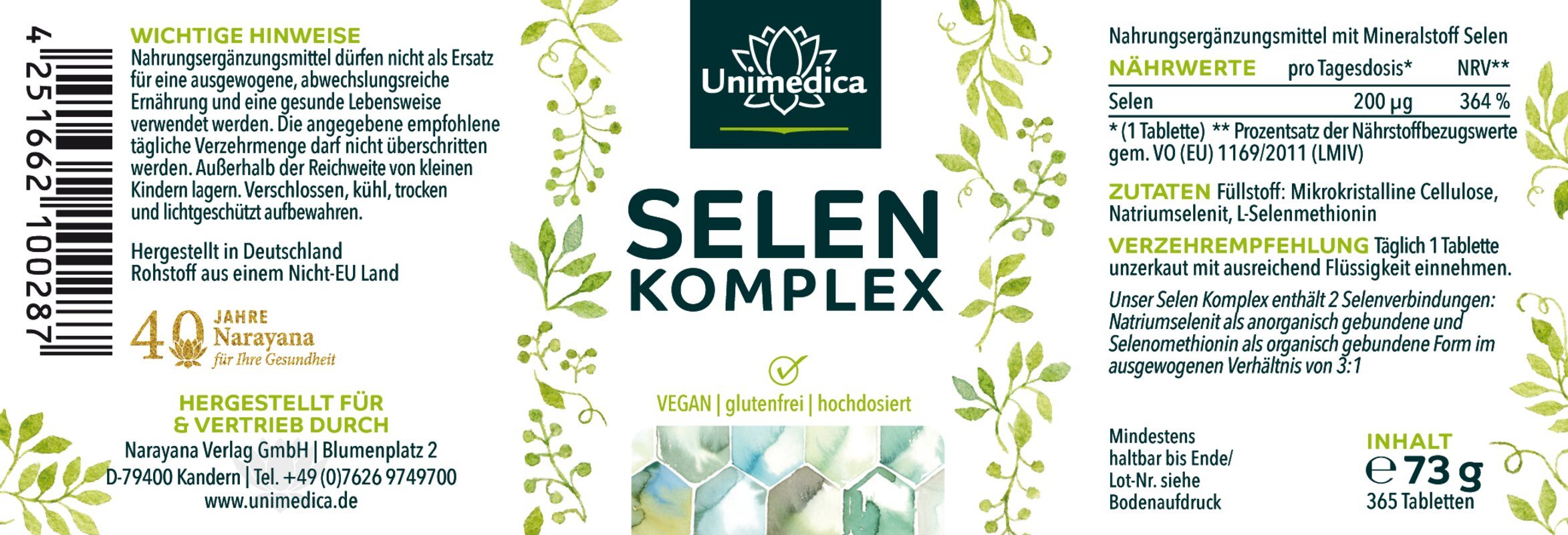 Selen Komplex - 200 μg pro Tagesdosis - hochdosiert - NahrungsergänzungUnimedica Kornkammer Natur