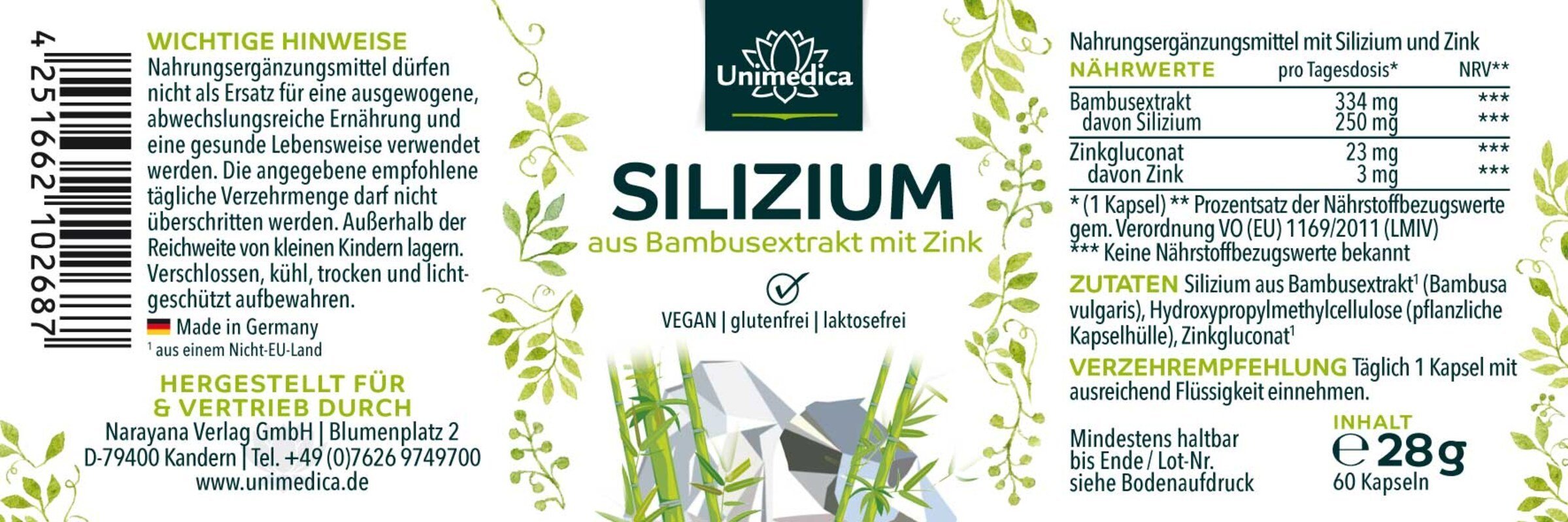 Silizium aus Bambusrxtrakt mit Zink - 250 mg pro Tagesdosis - 60 Kapseln - NahrungsergänzungUnimedica Kornkammer Natur