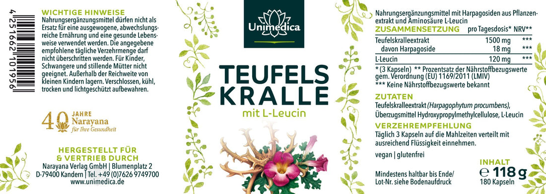 Teufelskralle - mit L-Leucin - 180 Kapseln - Unimedica - Etikett